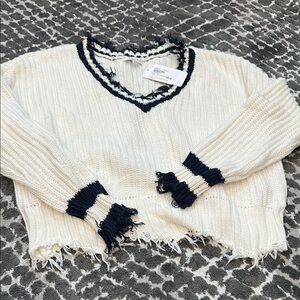 Women's V-Neck Frayed Sweater - White and Navy